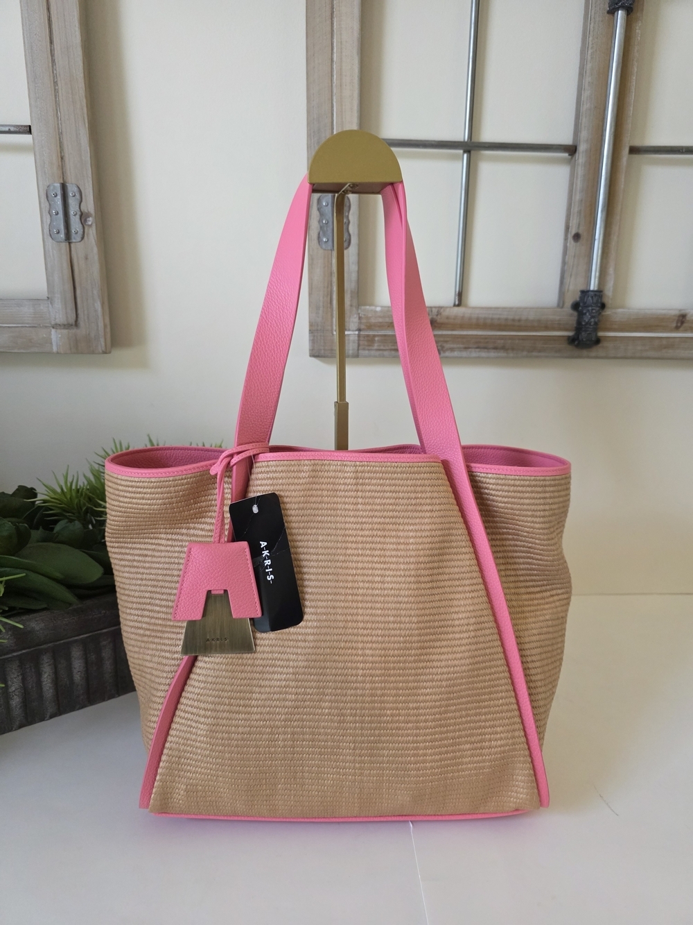 Akris Alex Medium Tote Camel Blossom Raffia & Leather Dust Bag - Rare Color- New - Picture 3 of 14
